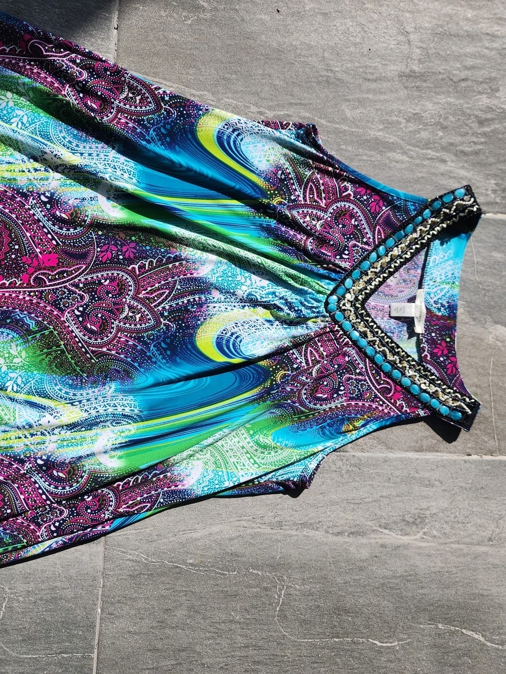 dressbarn Beaded V-Neck Paisley Tank in Teal, Purple & Lime